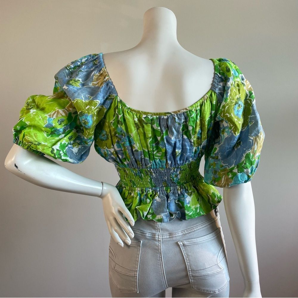FAITHFULL THE BRAND Kinsley Linen Top Blue Green Floral Smocked Top - Picture 3 of 9